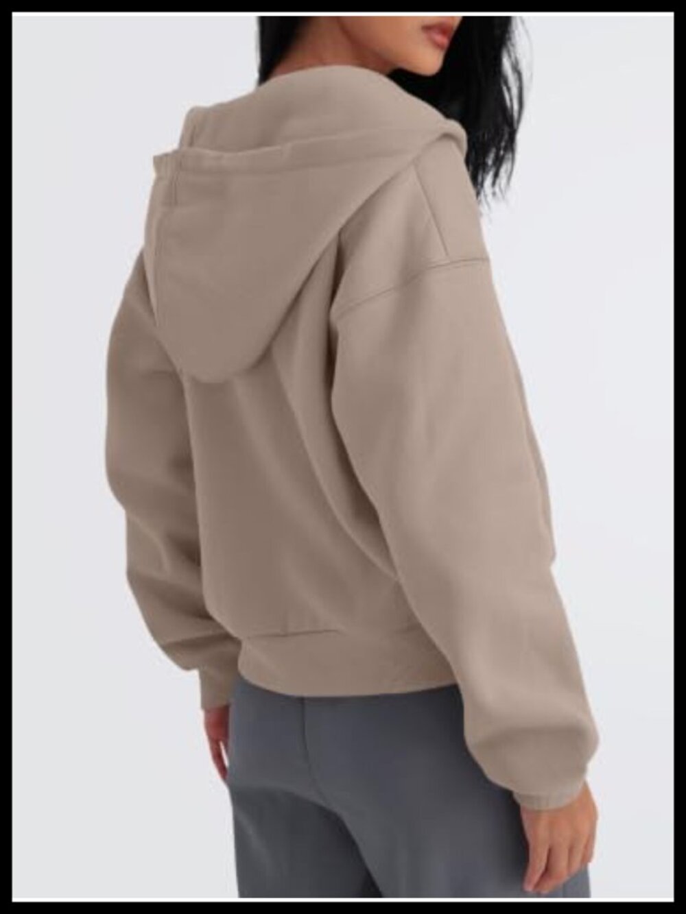 Women's Zip Up Cropped Hoodie Fleece Lined Drop Shoulder Sweatshirt - Picture 3 of 5